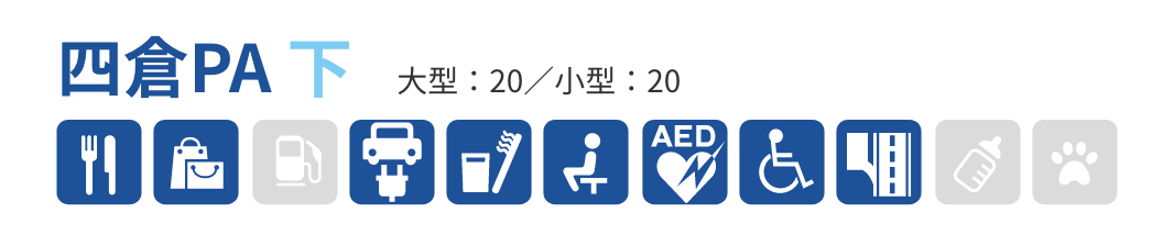 四倉PA 下　大型：20／小型：20　軽食・カフェ・レストラン、お土産・産直販売、給電、生活・暮らし・日用雑貨、宿泊・リフレッシュ、メディカル、バリアフリー、高速道路・ETCサービス