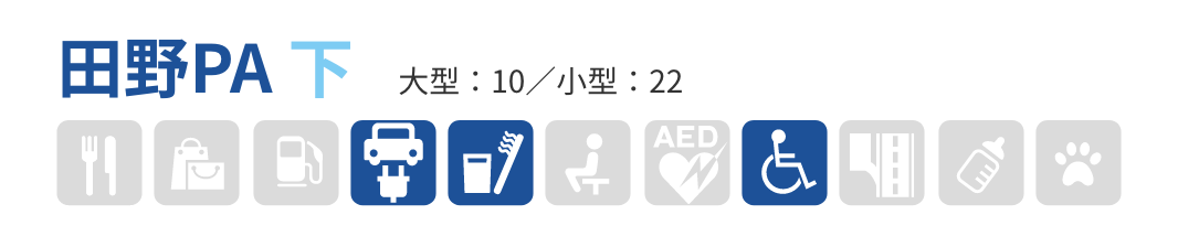 田野PA 下　大型：10／小型：22　給電、生活・暮らし・日用雑貨、バリアフリー