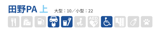 田野PA 下　大型：10／小型：22　給電、生活・暮らし・日用雑貨、バリアフリー