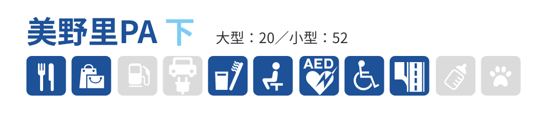 美野里PA 下　大型：20／小型：52　軽食・カフェ・レストラン、お土産・産直販売、生活・暮らし・日用雑貨、宿泊・リフレッシュ、メディカル、、バリアフリー、高速道路・ETCサービス